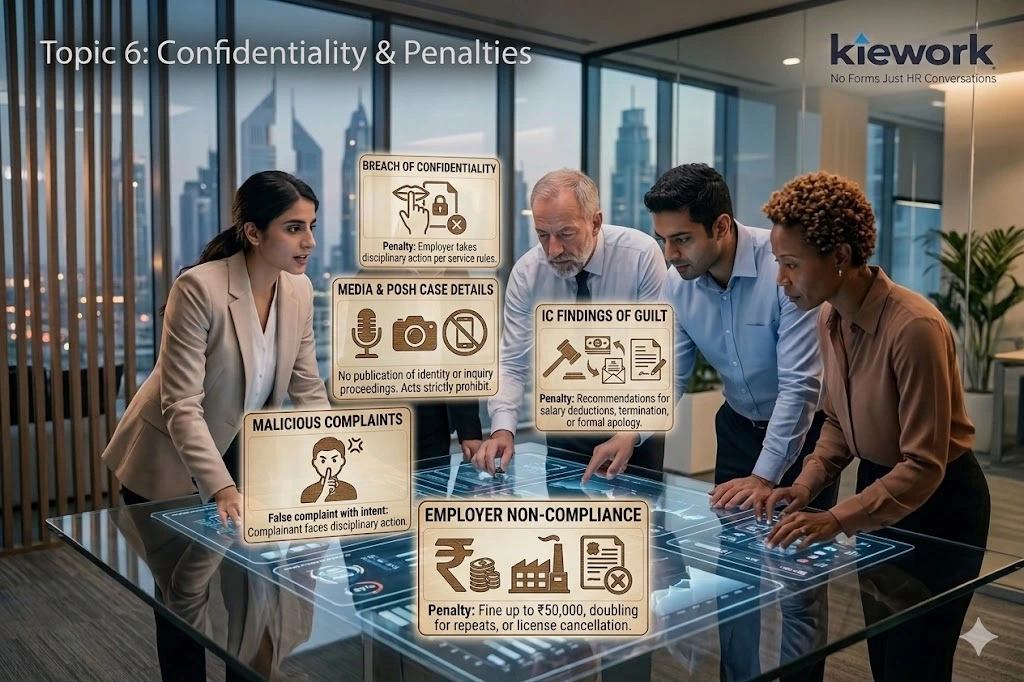 POSH compliance system enforcing confidentiality, penalties, and disciplinary actions for violations