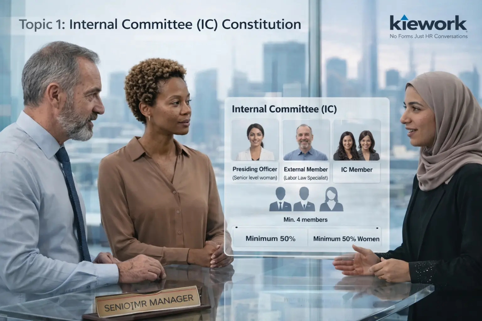 POSH Internal Complaints Committee meeting with presiding officer, members, and external member ensuring statutory composition