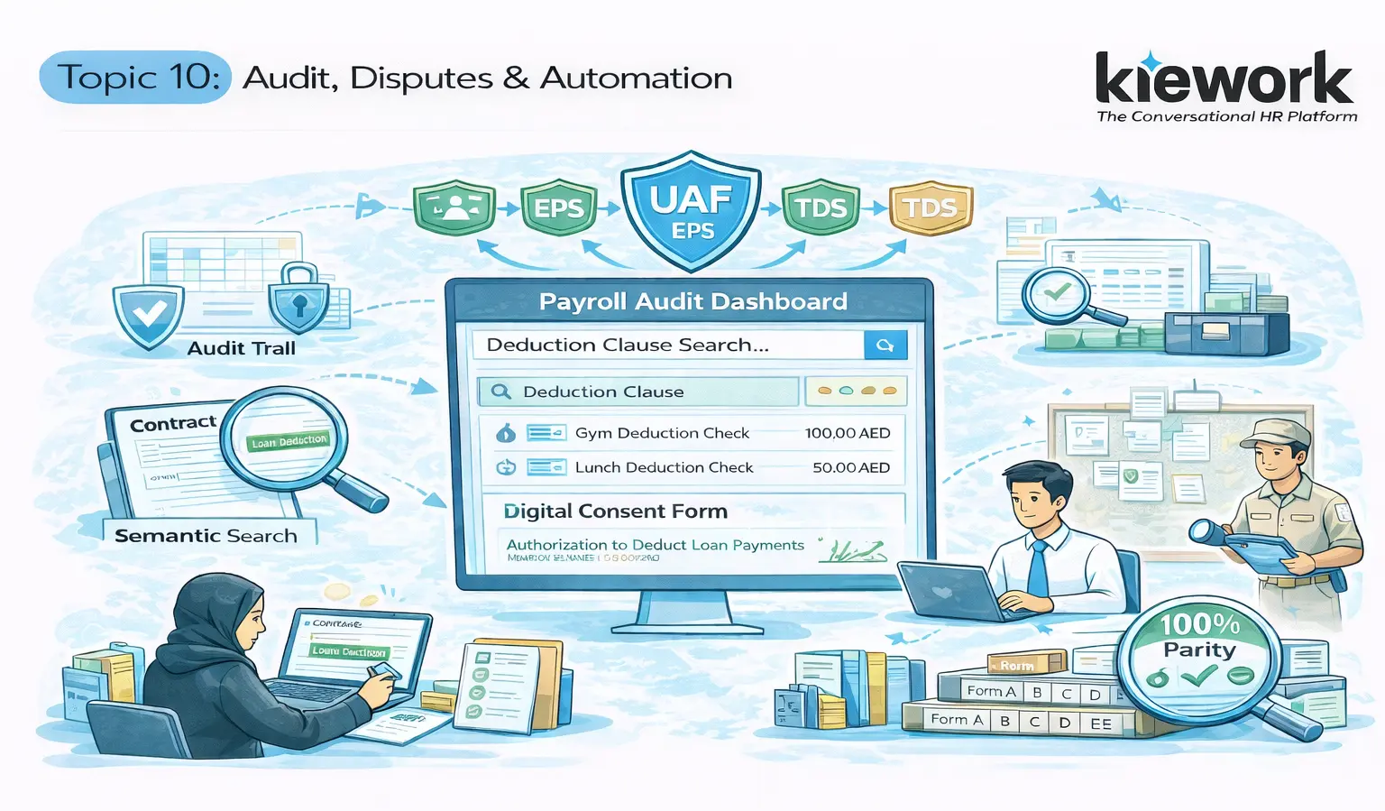 Compliance audit system providing deduction tracking, semantic search, and automated labor inspection readiness