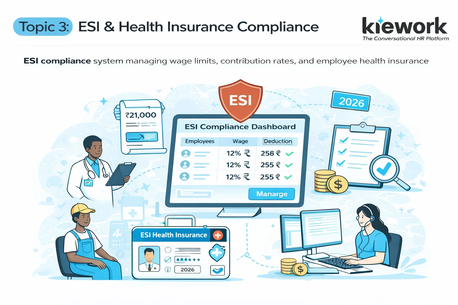 ESI compliance system managing wage limits, contribution rates, and employee health insurance deductions