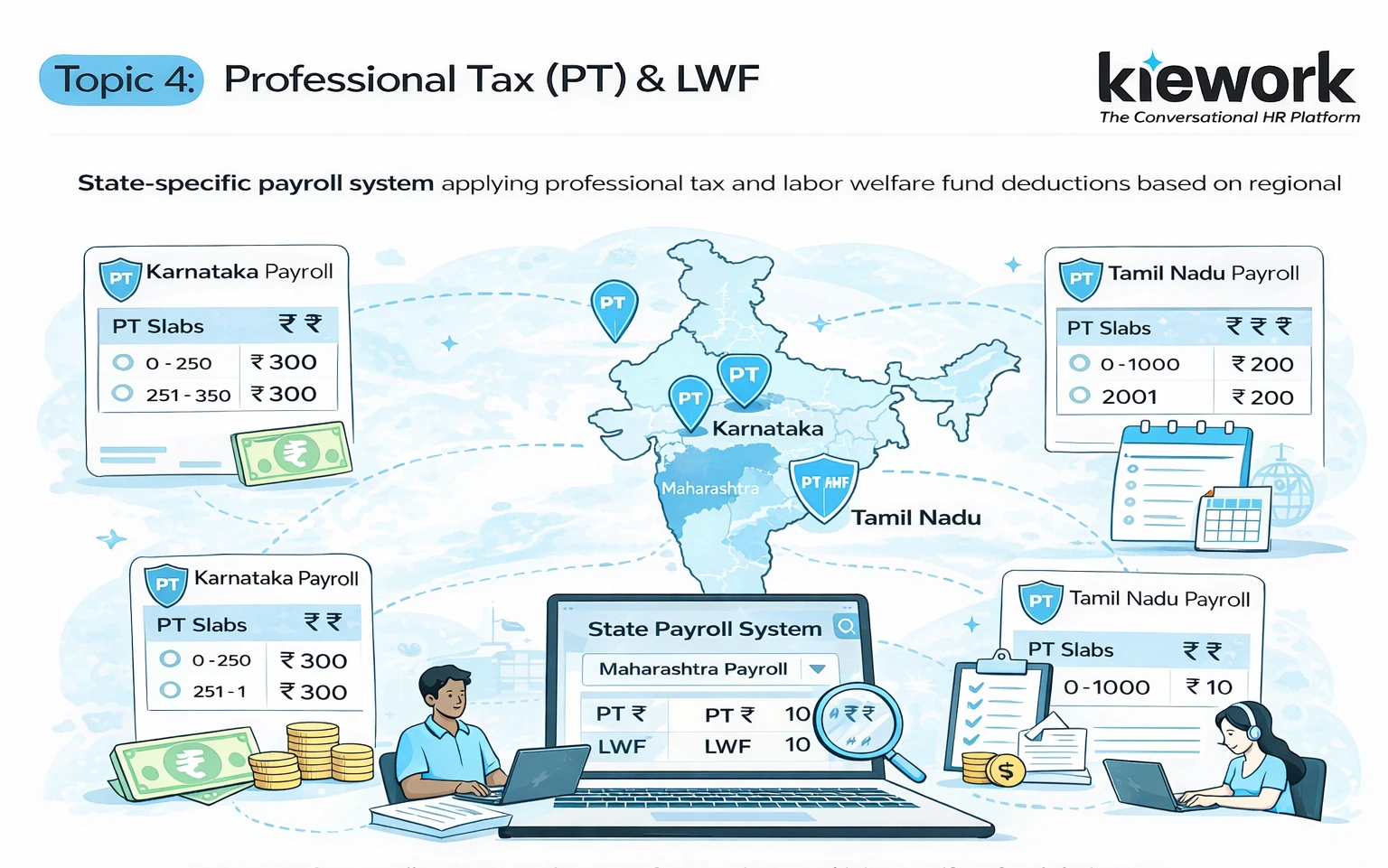 State-specific payroll system applying professional tax and labor welfare fund deductions based on regional laws