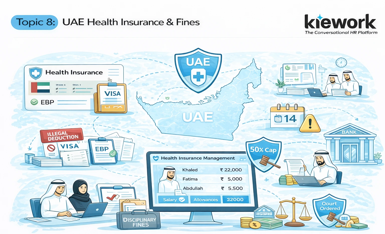 UAE compliance system ensuring employer-funded health insurance and regulating legal salary deductions