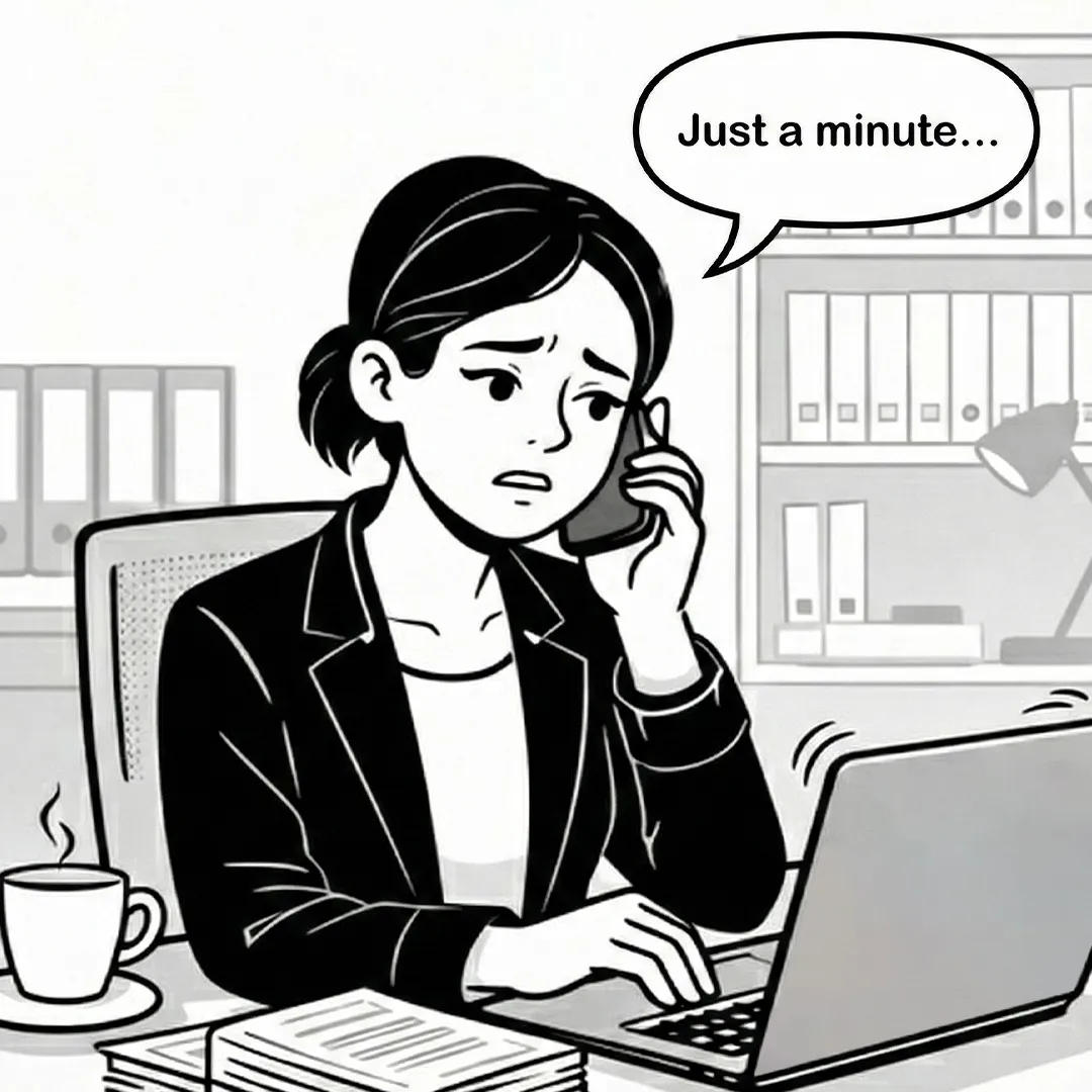 Comic illustration of an HR manager overwhelmed by manual payroll processing